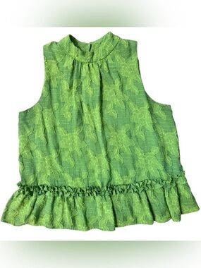 Maeve by Anthropologie Savannah Swing green floral high neck top with ruffles